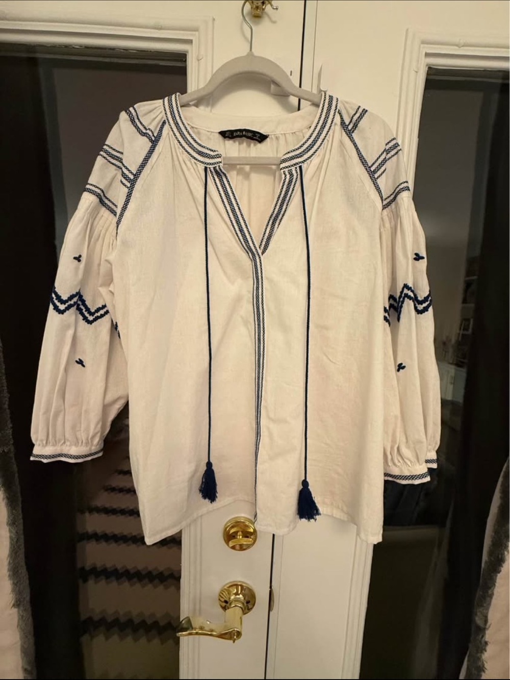 Zara White Blouse with Navy Embroidery and Tassels